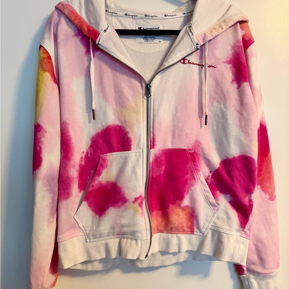 Champion Women's Pink and Yellow Tie-Dye Bomber Jacket